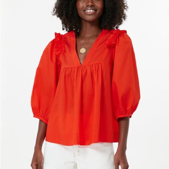 Harshman Elegant Coral Cheryl Ruffles Off Shoulder Blouse 100% Cotton, Small NWT - Picture 2 of 5